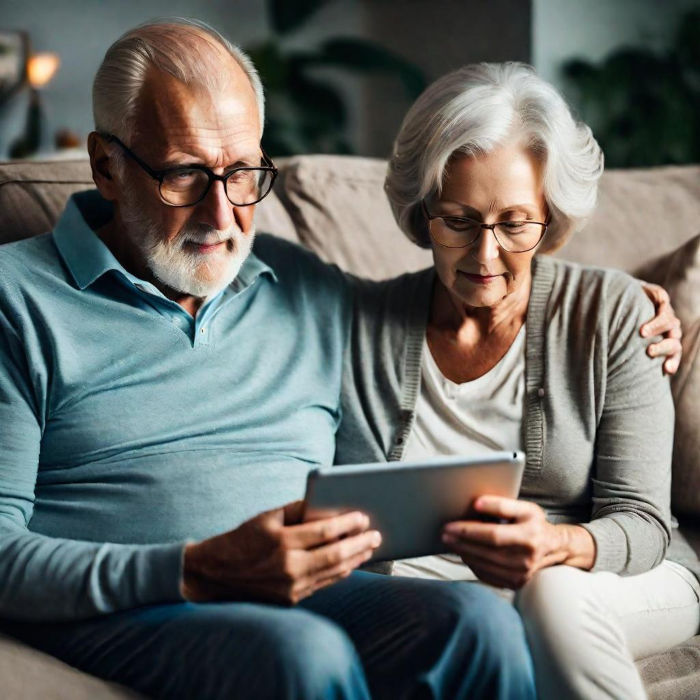 Couple Sitting on Couch with Tablet